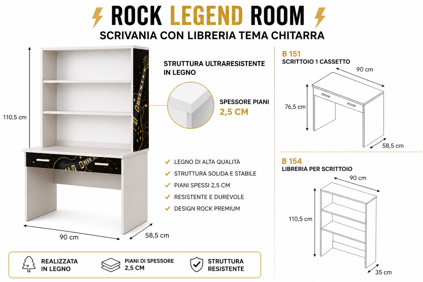 Rock Legend Room – Scrivania con Libreria Tema Chitarra Black & Gold per Cameretta Ragazzi