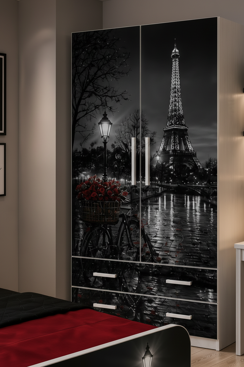 Cameretta Parigi Luxury Black & Red – Set Completo con Letto Singolo, Armadio 2 Ante e Comodino | Stile Parigi Elegante