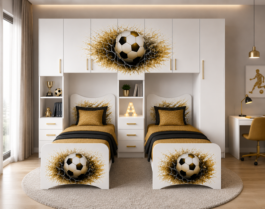 Cameretta a Ponte 2 Letti Calcio Splash – Varianti Blu, Gold e Grigio