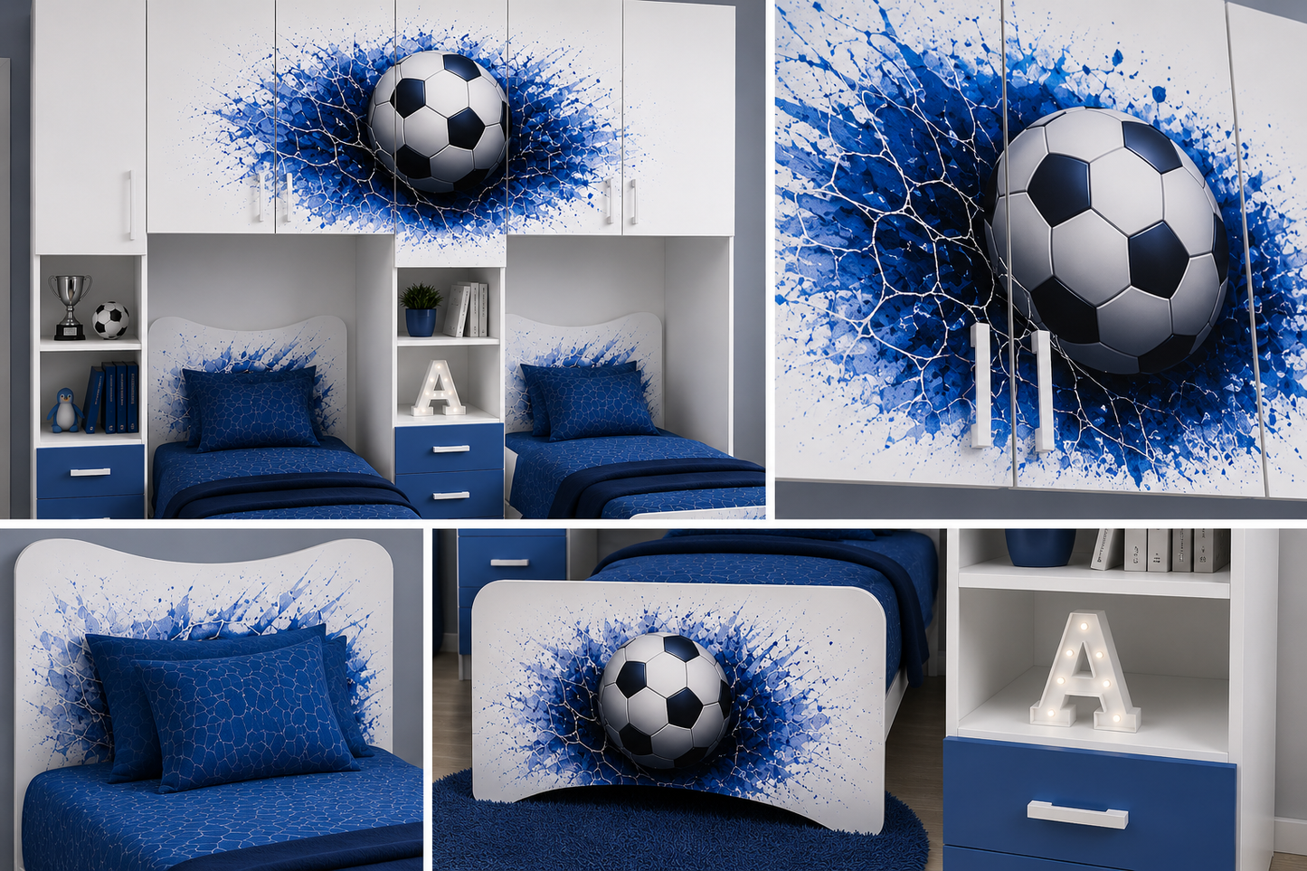 Cameretta a Ponte 2 Letti Calcio Splash – Varianti Blu, Gold e Grigio