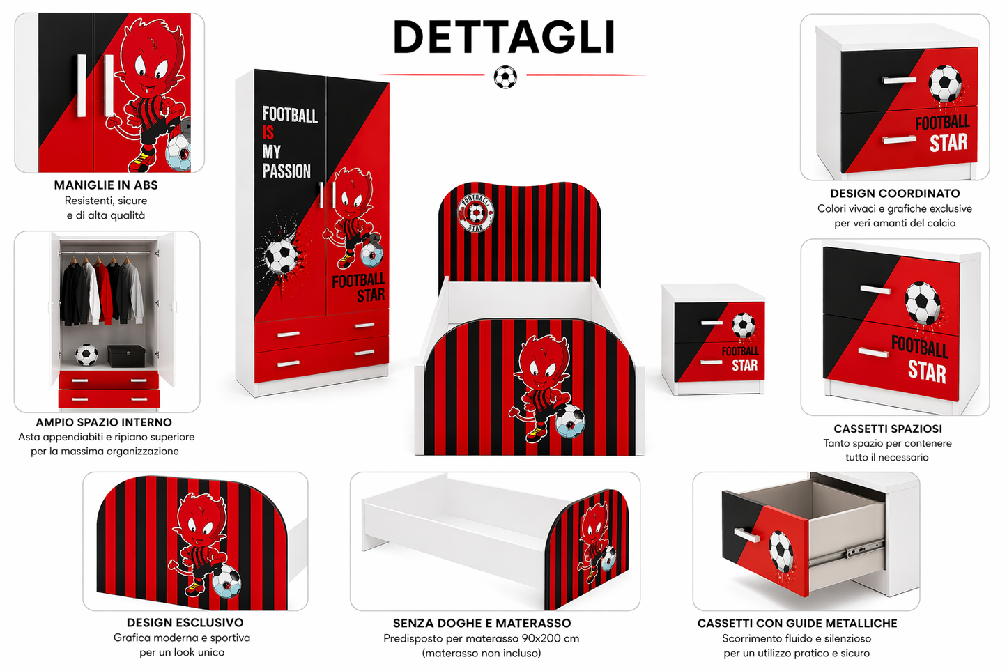 Football Star Milan Red Room – Cameretta Calcio Rosso Nero con Armadio, Letto e Comodino