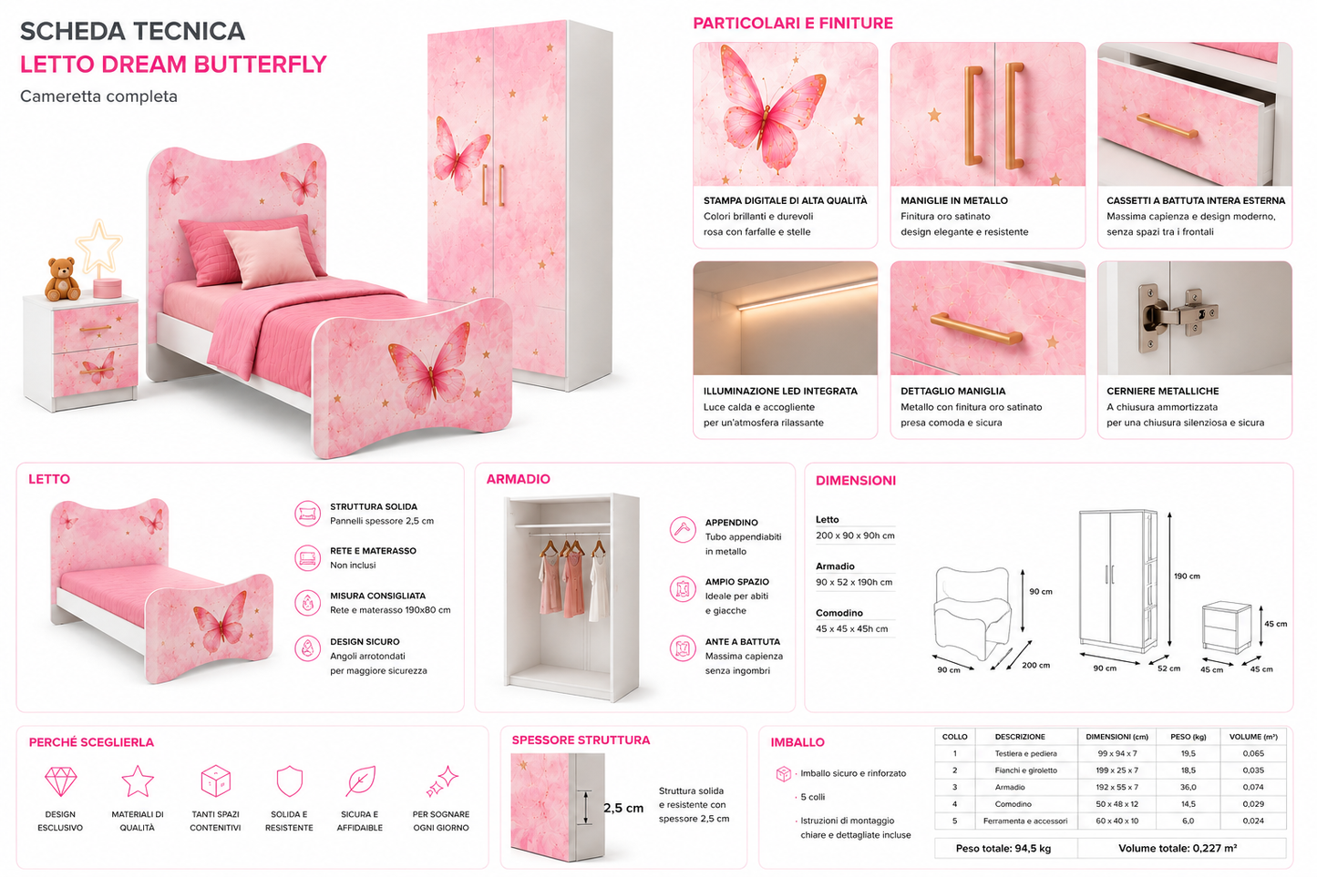 Cameretta a Ponte Dream Butterfly Bianca e Rosa con 2 Letti e Grafica Farfalle Luxury – 295x242 cm