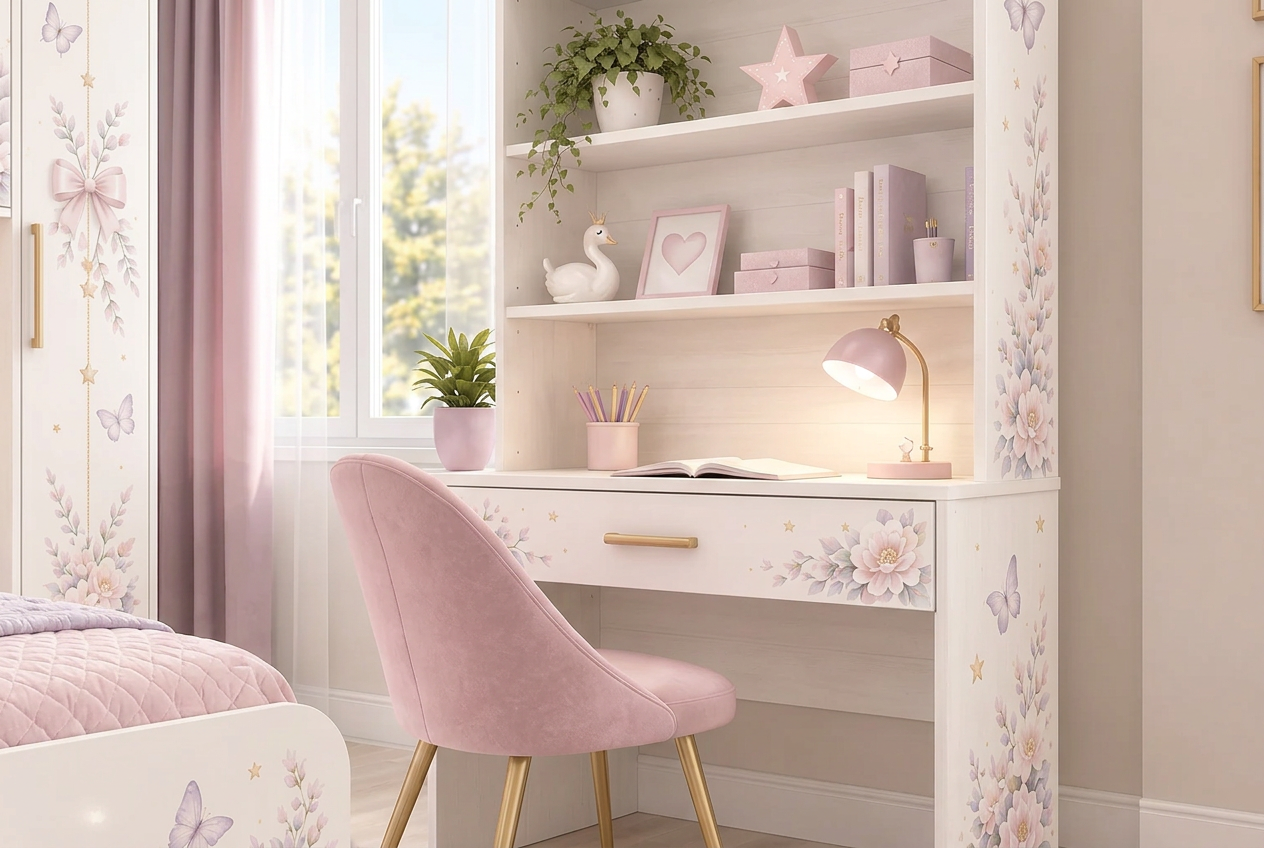 Cameretta a Ponte Unicorn Dream Luxury – Letto 1 Piazza e Mezza, Comodino e Scrivania con Libreria