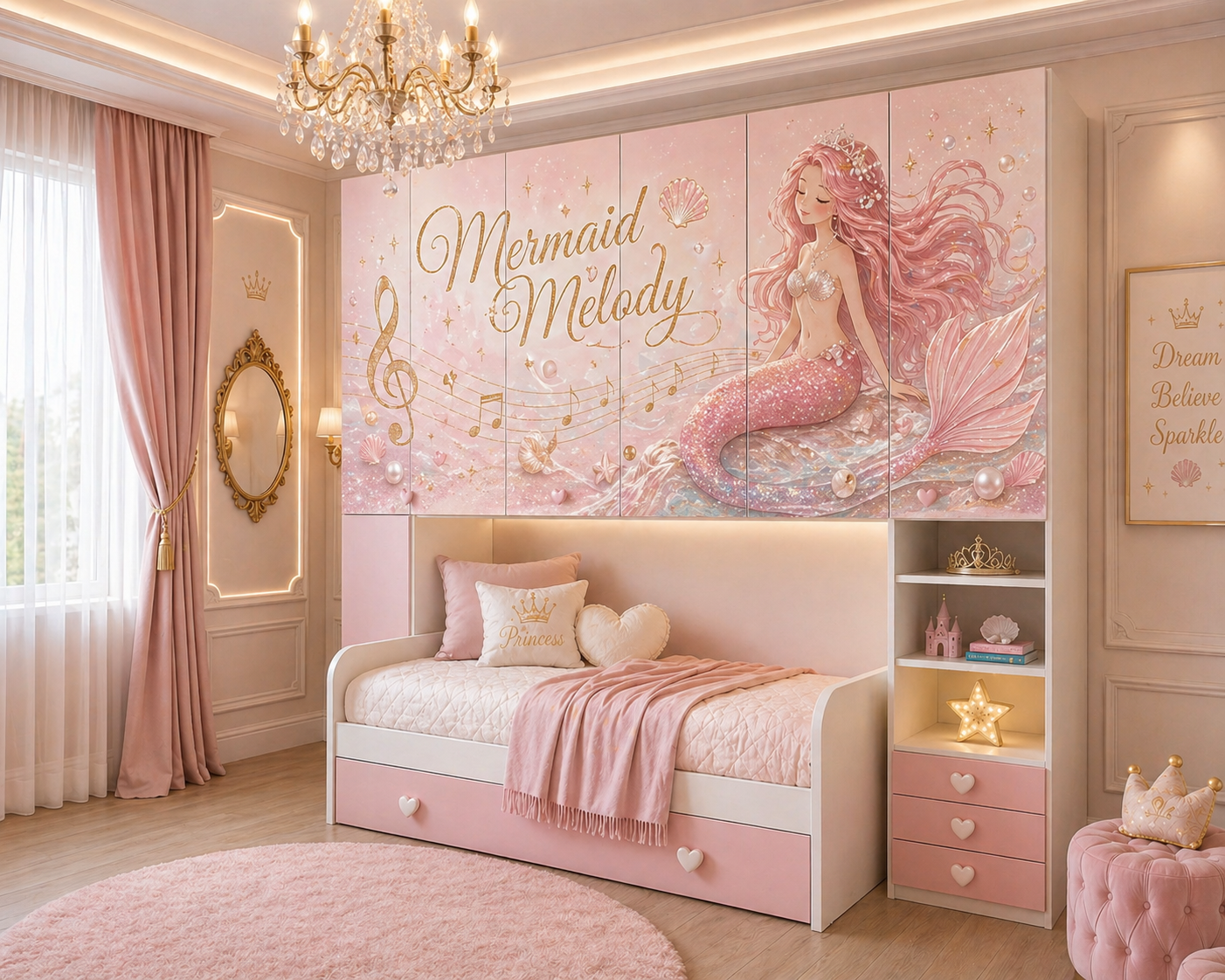 Cameretta a Ponte Mermaid Melody – Camera Sirena Luxury Rosa Cipria con 2 Letti e Armadio Ponte Premium