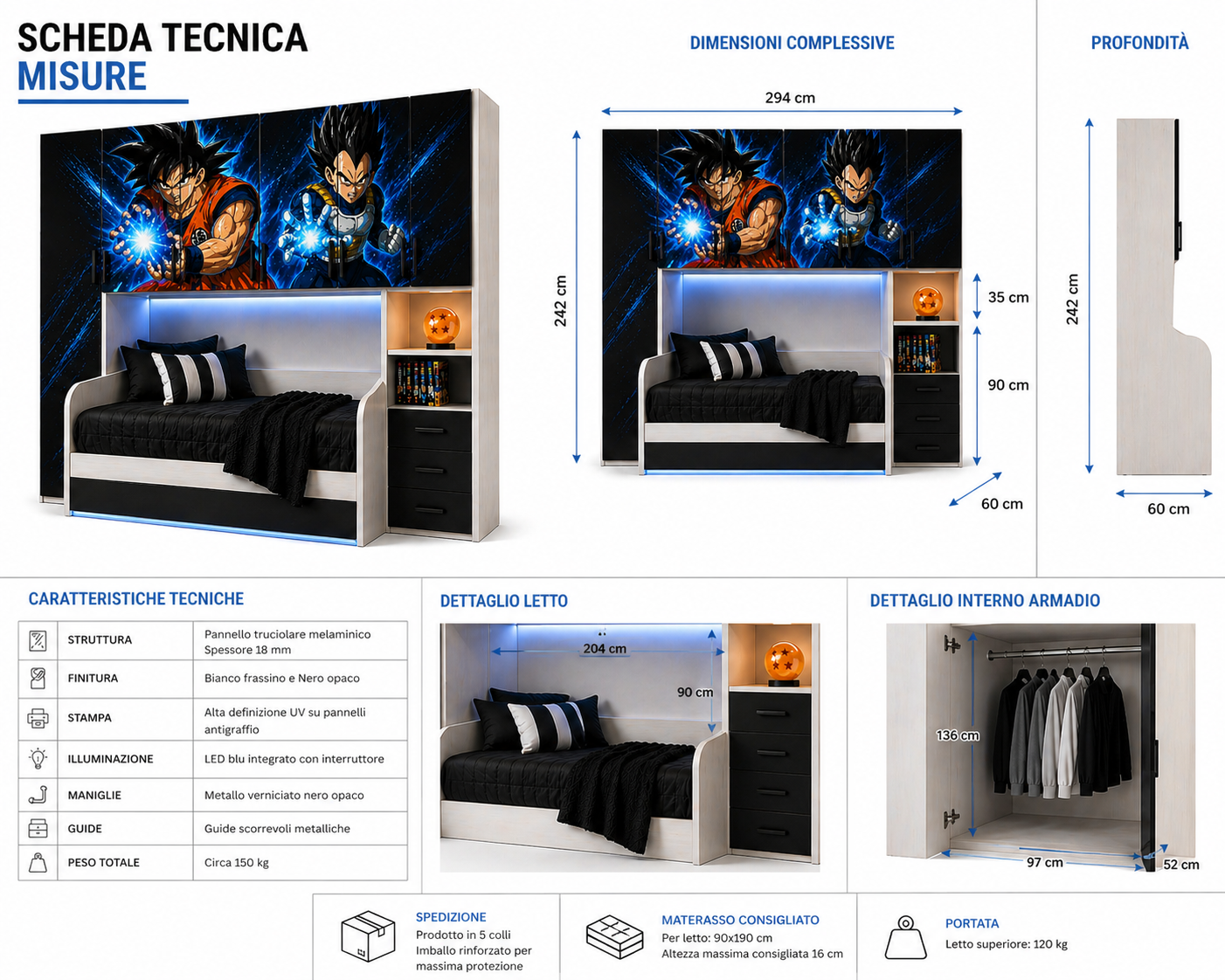 Cameretta Ponte Dragon Force – Cameretta Anime Gaming con Letto e Armadio XXL