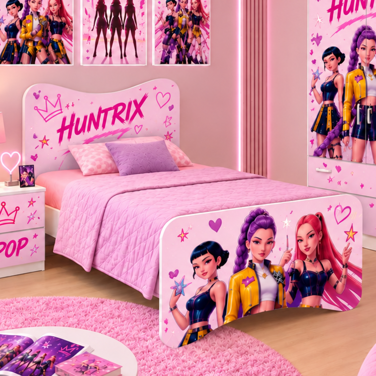Cameretta Huntrix  K-Pop con Letto Singolo, Armadio 2 Ante e Comodino