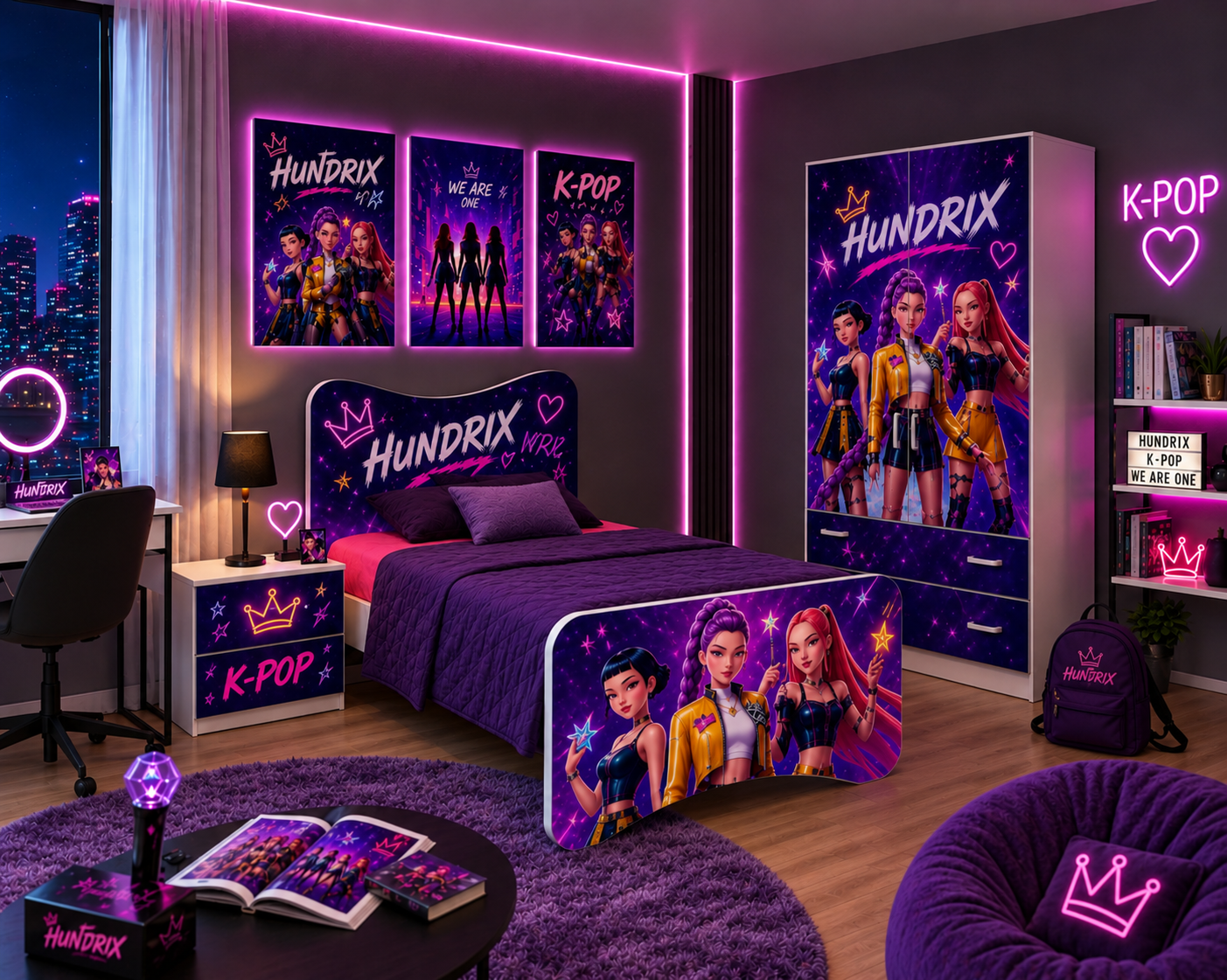 Camera Ragazza Huntrix K-Pop Galaxy – Set Letto, Comodino e Armadio 2 Ante Design Neon Premium