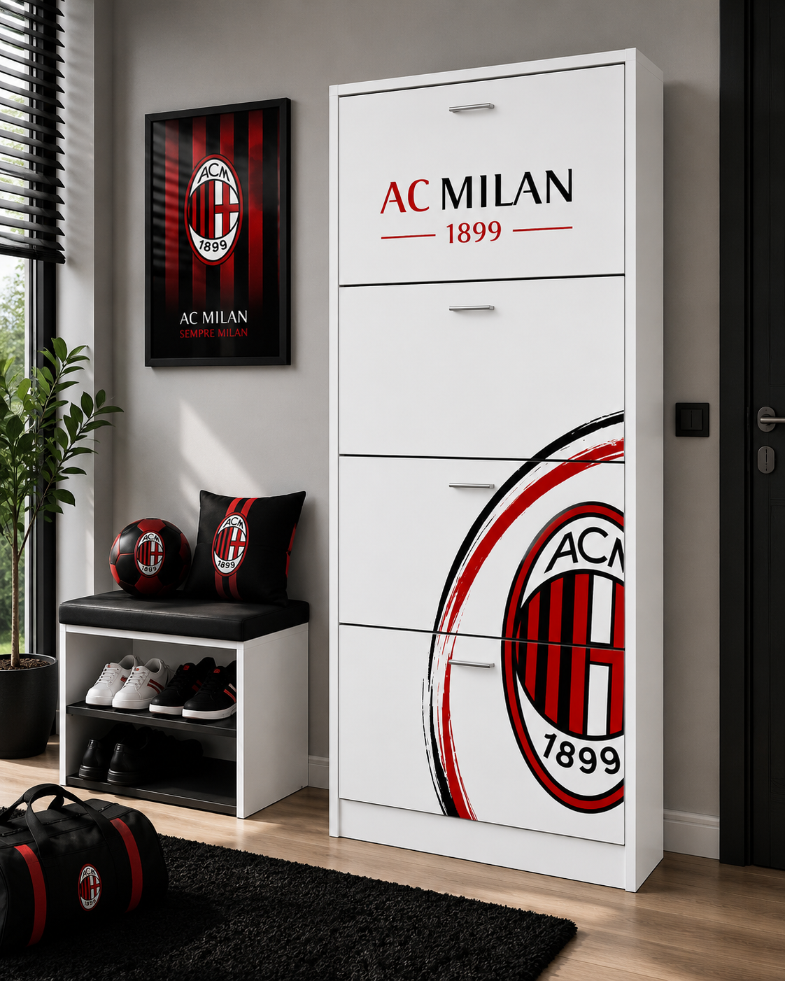 Scarpiera AC Milan 4 Ribalte Bianca – Mobile Salvaspazio Design Calcio Moderno