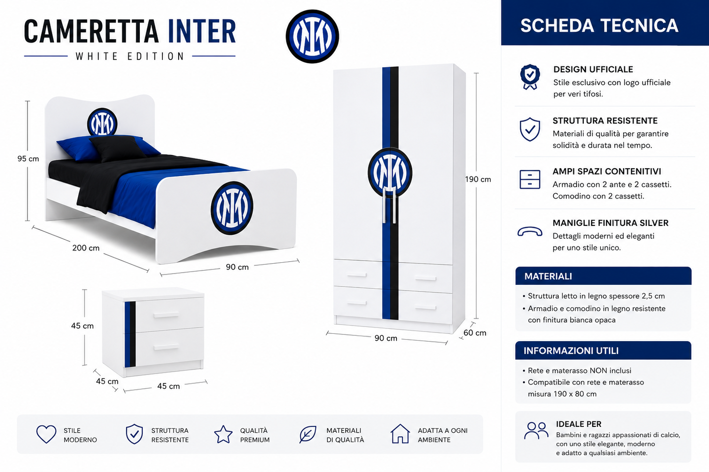 Cameretta Inter White Edition – Design Moderno Nerazzurro