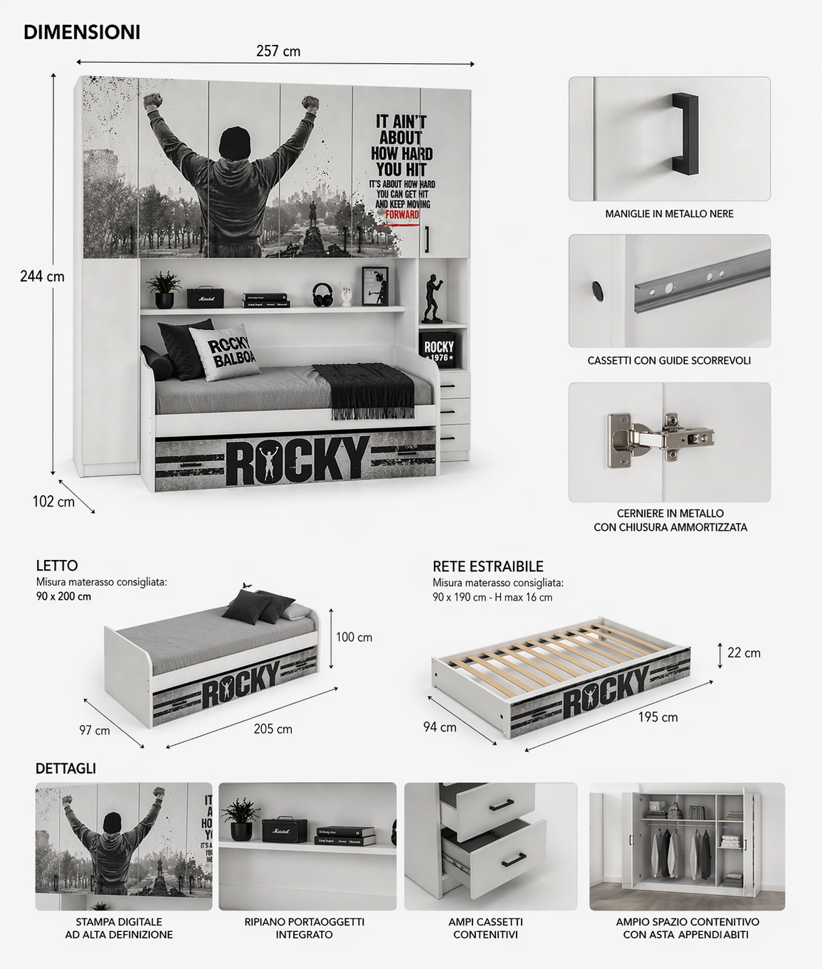 Cameretta a Ponte Urban Icon – Design ROCKY con 2 reti Letto Integrato