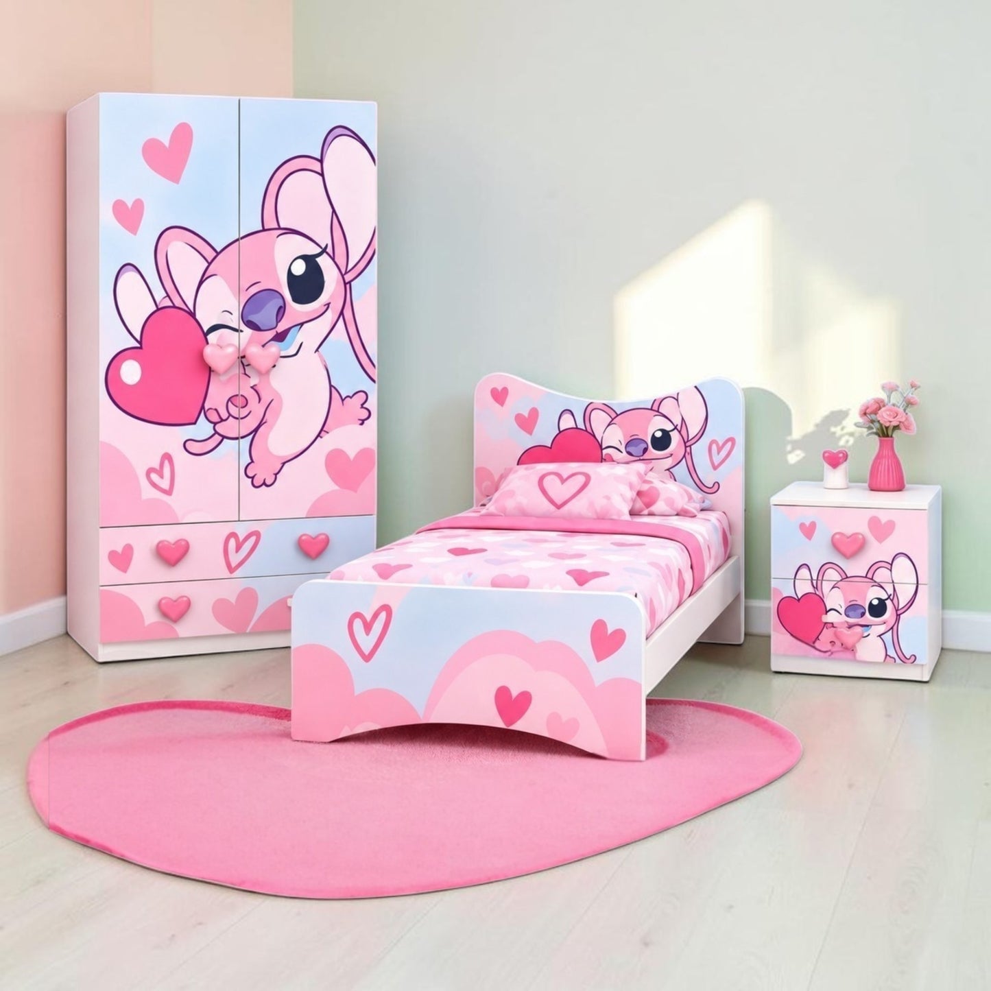 Cameretta completa Angel Heart – Armadio, letto singolo e comodino