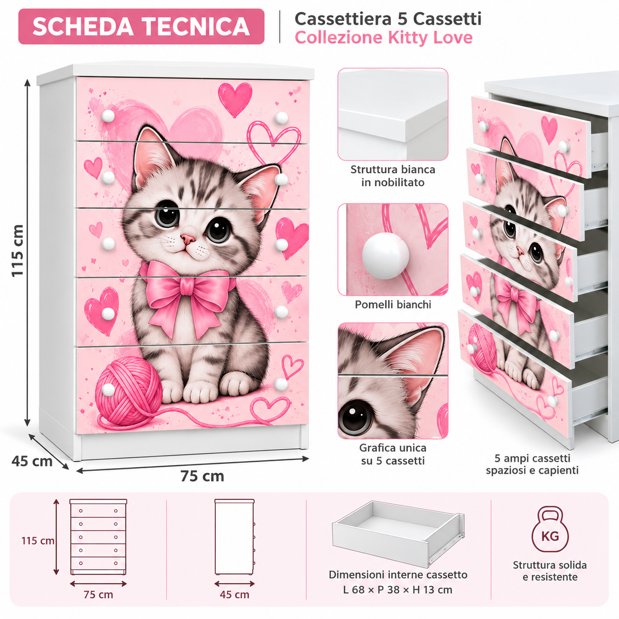 Cassettiera 5 Cassetti Gattino – Collezione Kitty Love