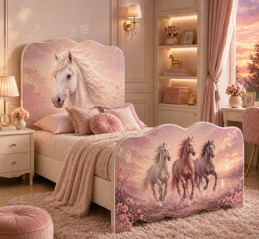 Letto singolo bambina tema cavalli luxury rosa cipria con cavalli artistici e design elegante per cameretta moderna
