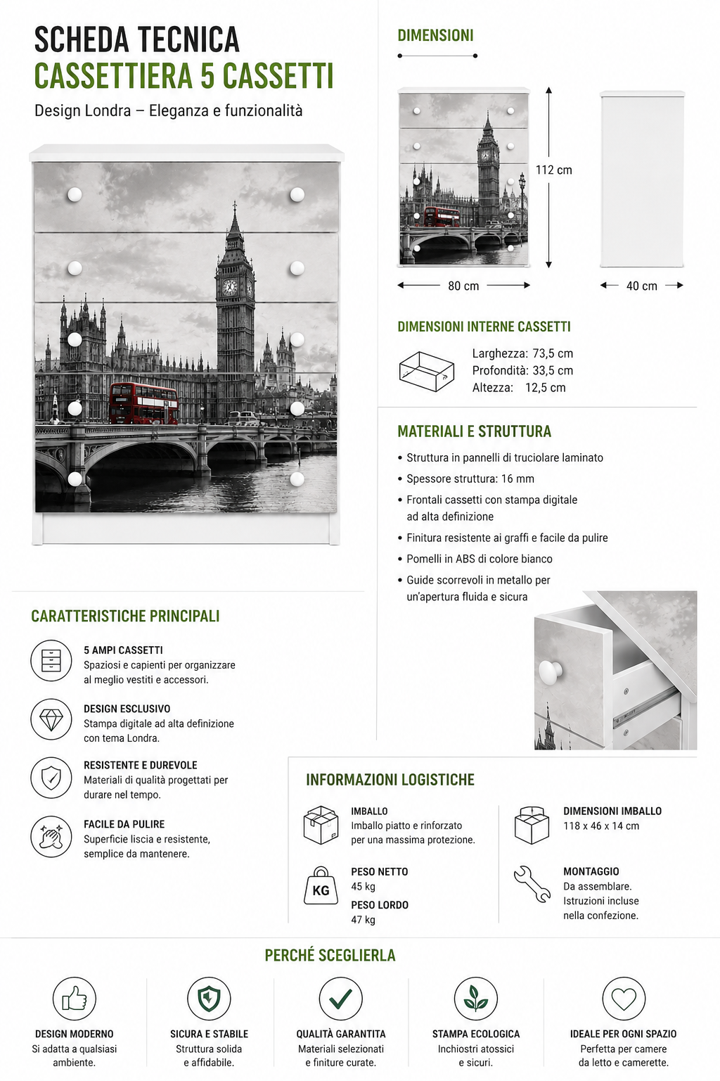 Cassettiera Londra Design – Stile Urban Modern per Camerette e Camere Moderne
