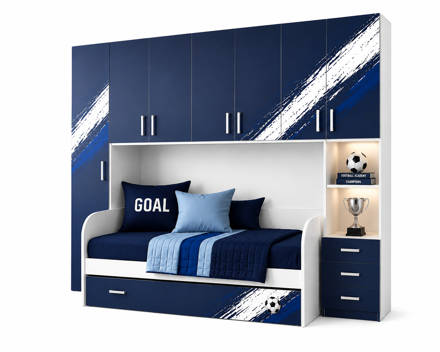 Cameretta a Ponte Calcio Goal Blue – Cameretta Calcio Moderna Blu Navy con Letto Estraibile e Grafica Sport Premium
