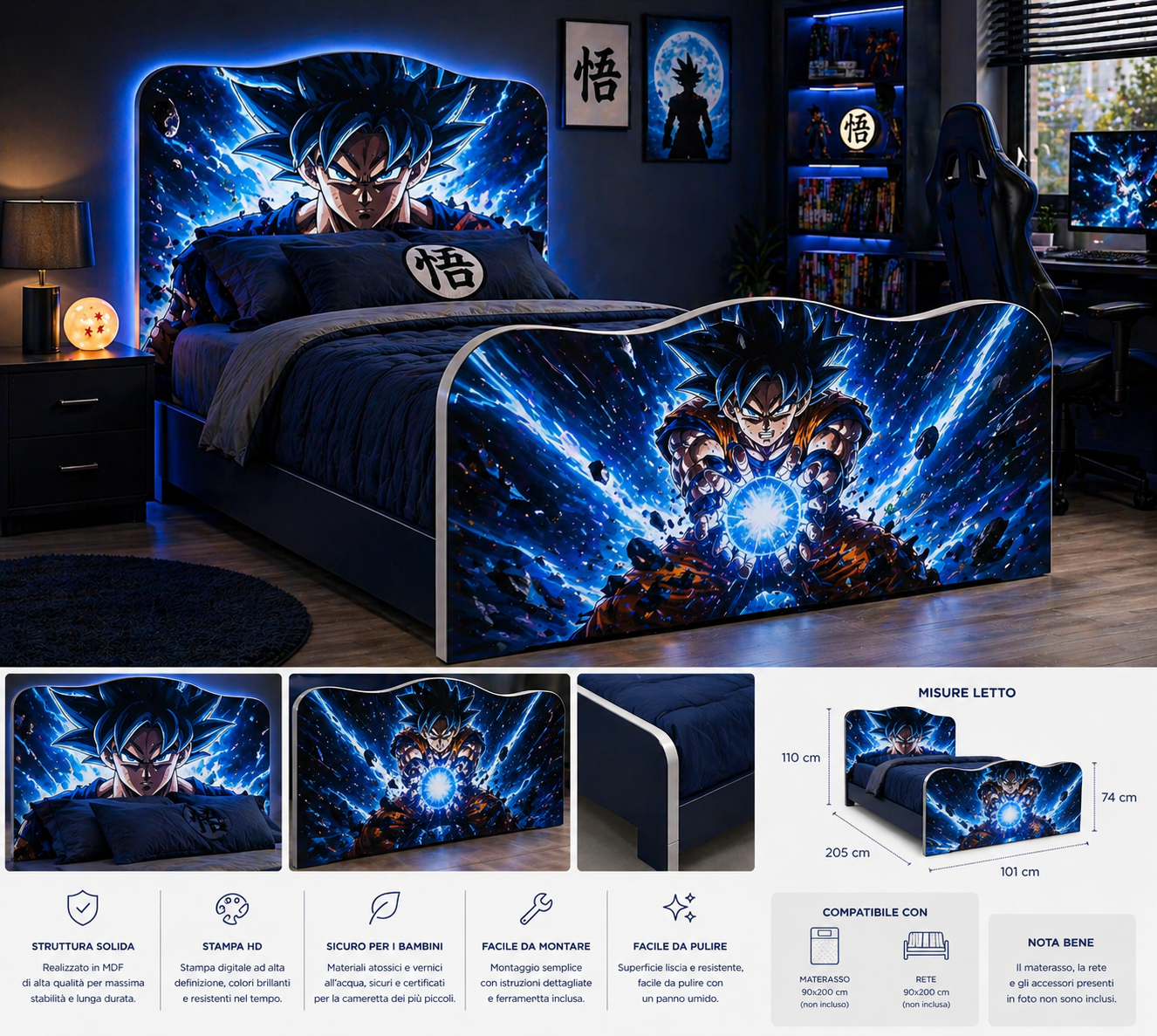 Letto Singolo Ultra Saiyan Energy – Letto Anime Gaming Blu Elettrico 200x90