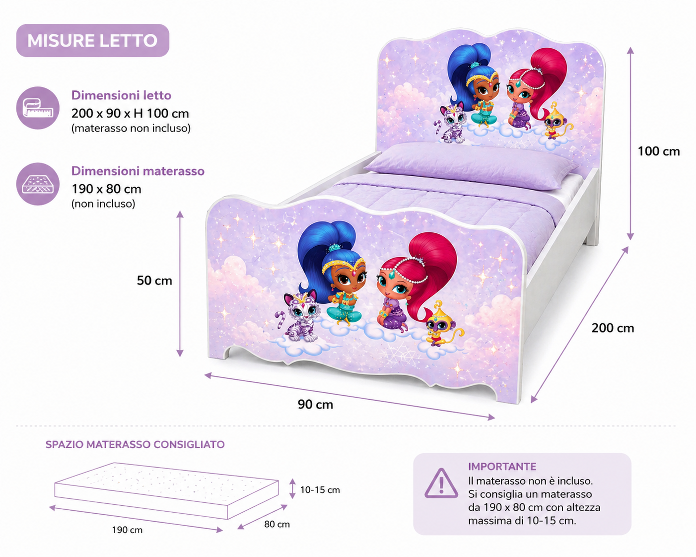 Shimmer Princess Dream Bed – Letto Singolo Bambina Luxury Lilla con Grafica Magica Nuvole e Stelline