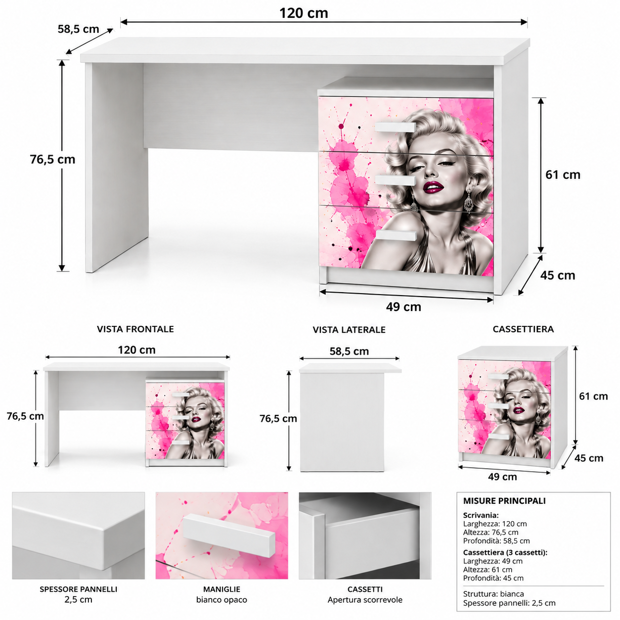 Scrivania Marilyn Glam con Cassettiera 3 Cassetti