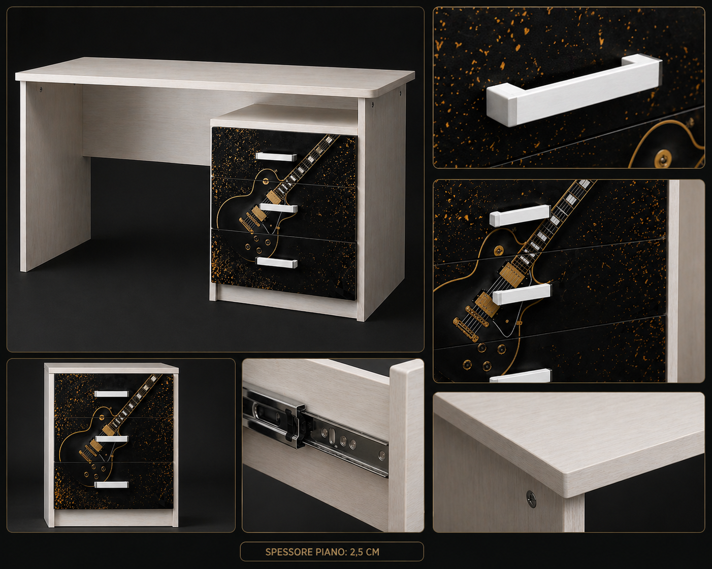 Rock Legend Room – Scrivania con Cassettiera Tema Chitarra Black & Gold