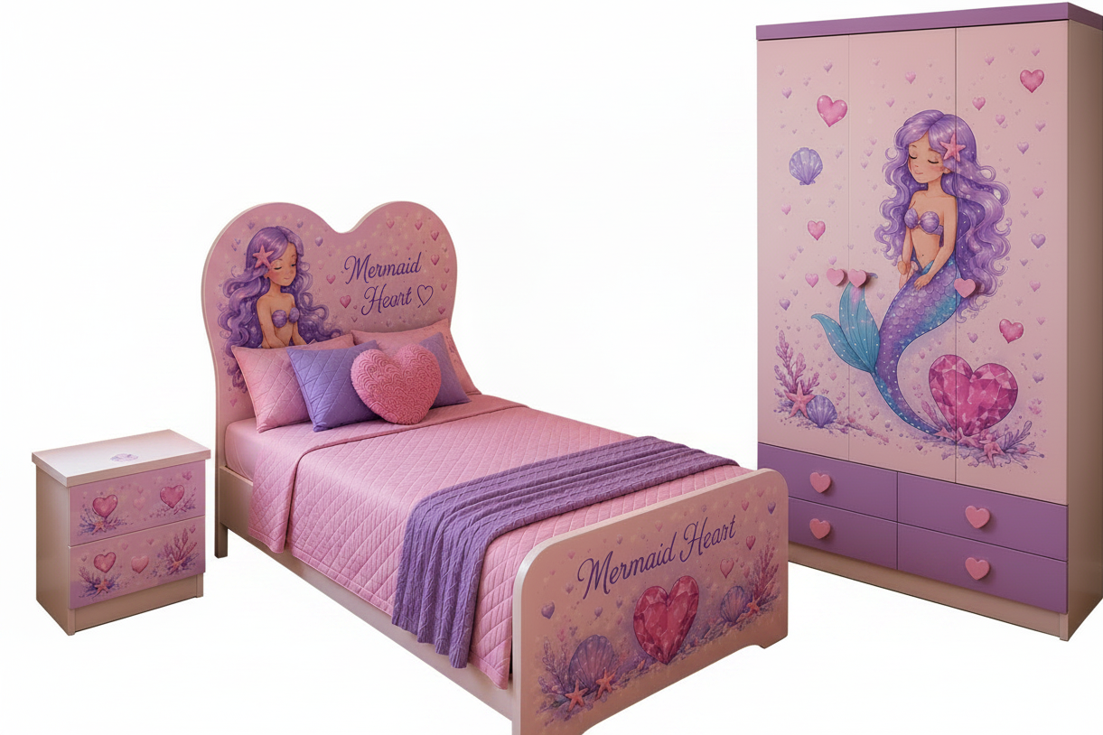 Cameretta Mermaid Heart Dream – Set Camera Completa Sirenetta Rosa Lilla con Letto Cuore