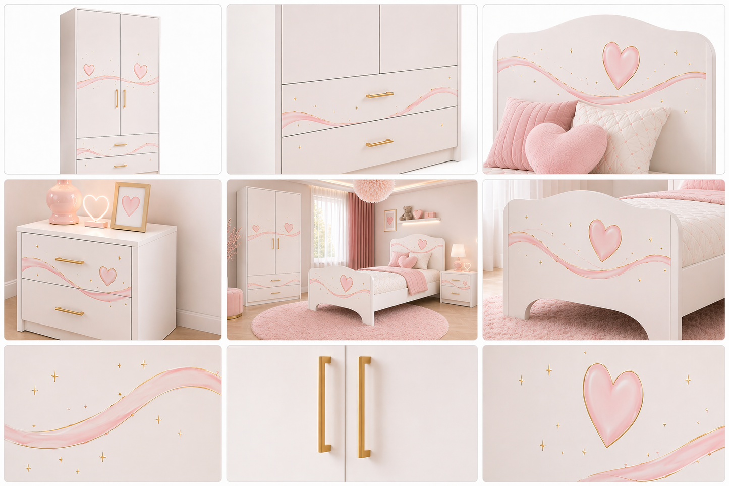Sweet Heart Luxury Room – Cameretta Rosa Cipria Elegante con Letto, Armadio e Comodino per Bambina