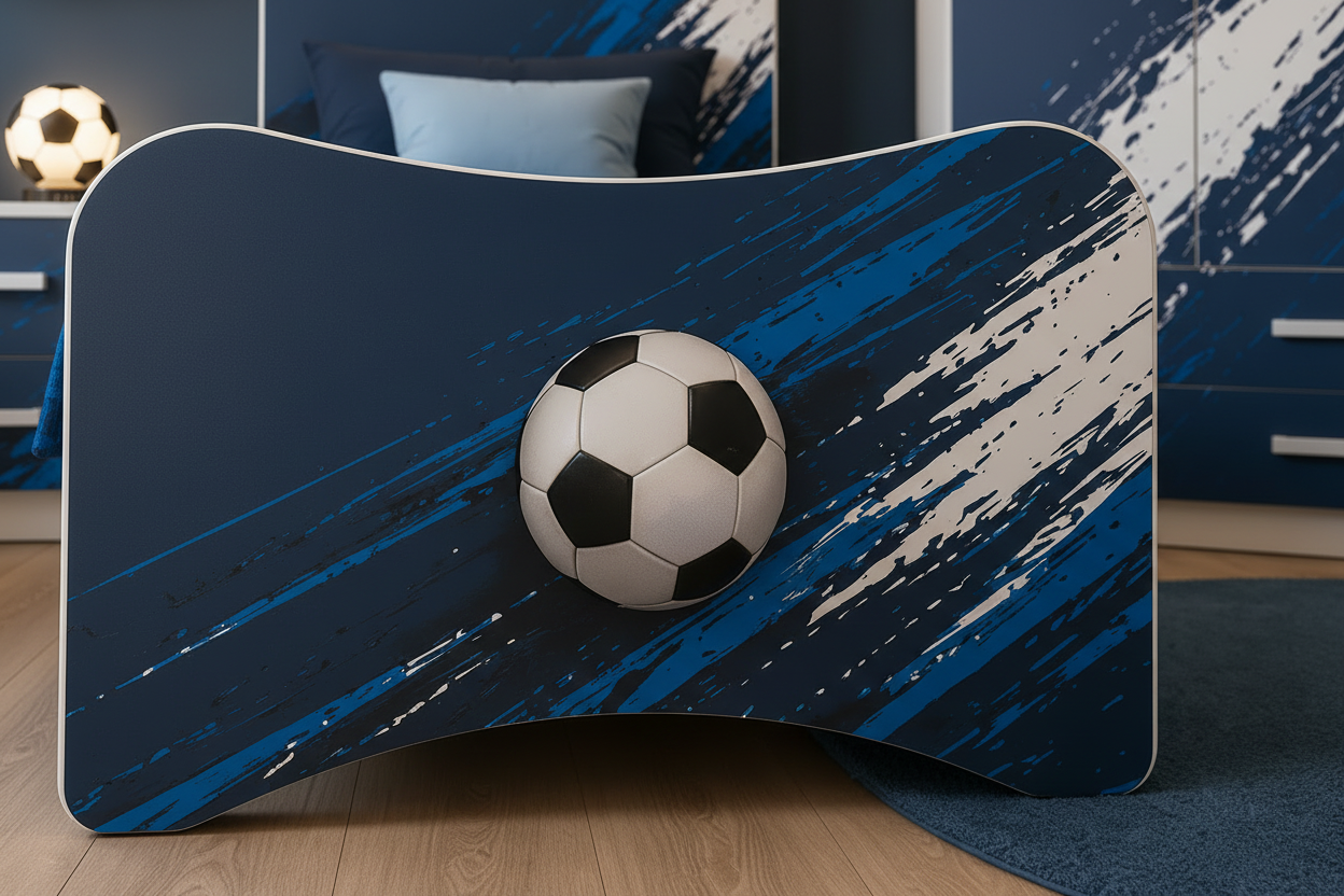 Cameretta Calcio Goal Blue – Letto Calcio Moderno con Armadio e Comodino Grafica Sport Blu Premium