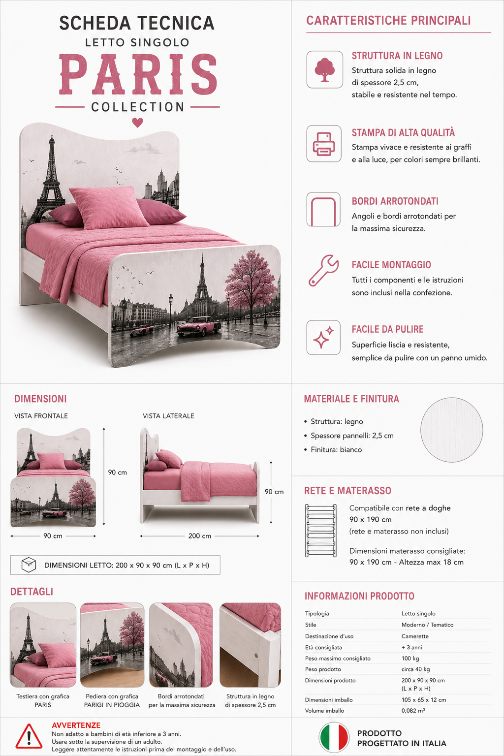 Letto Singolo Paris Romance – Letto Design Parigi Rosa Cipria Stile Shabby Chic Moderno