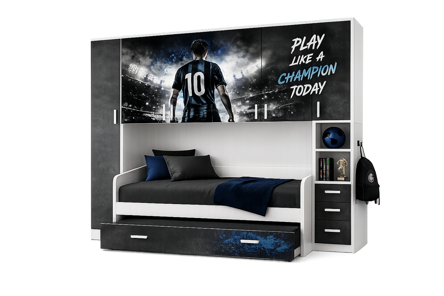 Cameretta a Ponte Champion Collection – Tema Calcio Blu/Nero con 2 Letti Estraibili e 2 Reti Incluse