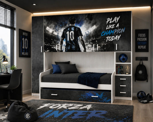 Cameretta a Ponte Champion Collection – Tema Calcio Blu/Nero con 2 Letti Estraibili e 2 Reti Incluse