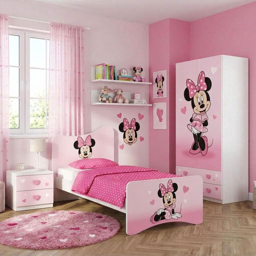 Cameretta Minnie Mouse Rosa Cuori – Letto Singolo, Armadio 2 Ante e Comodino