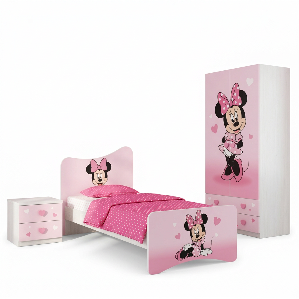 Cameretta Minnie Mouse Rosa Cuori – Letto Singolo, Armadio 2 Ante e Comodino