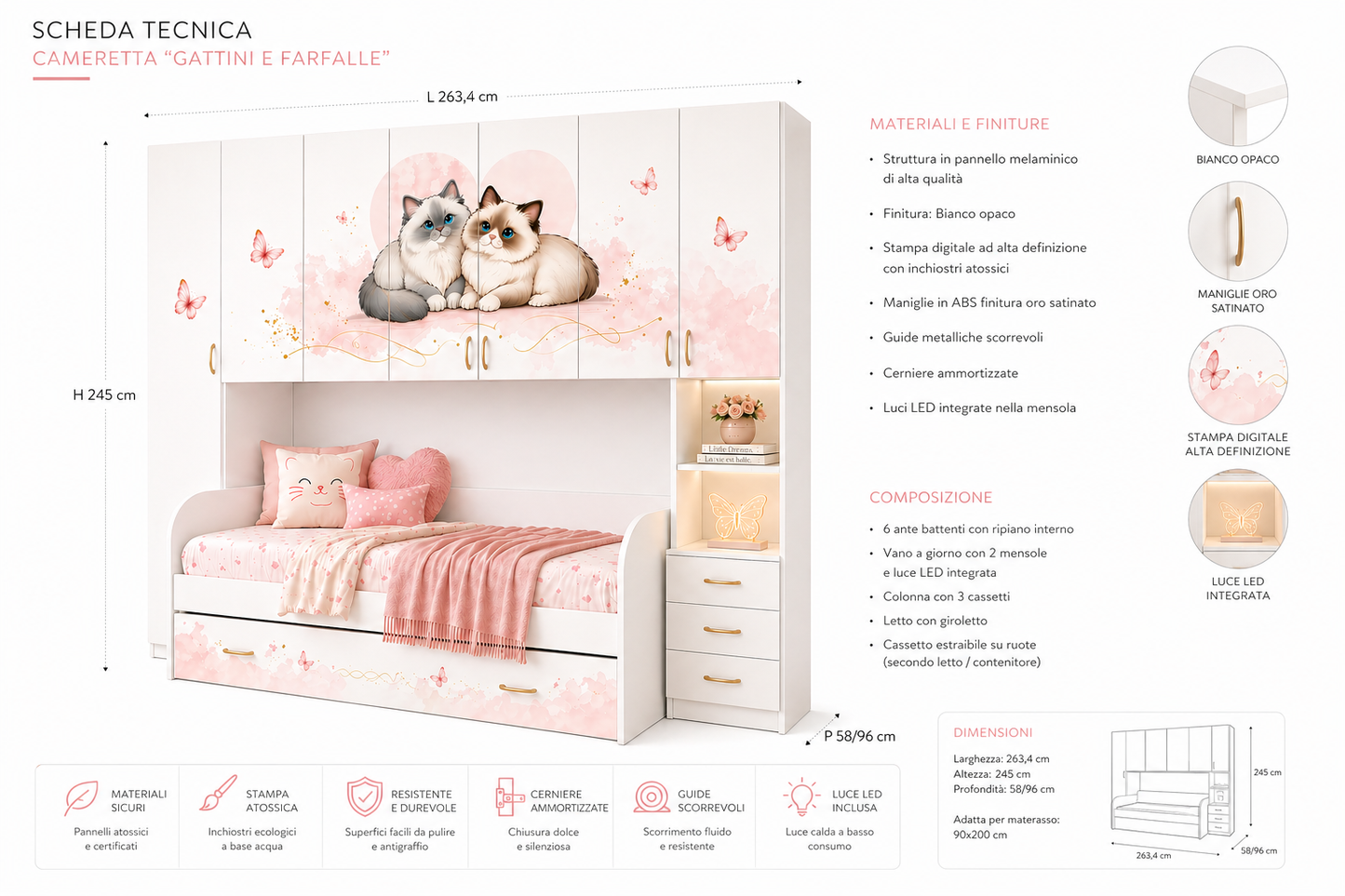 Cameretta moderna per bambina con struttura a ponte bianca e design romantico rosa pastello