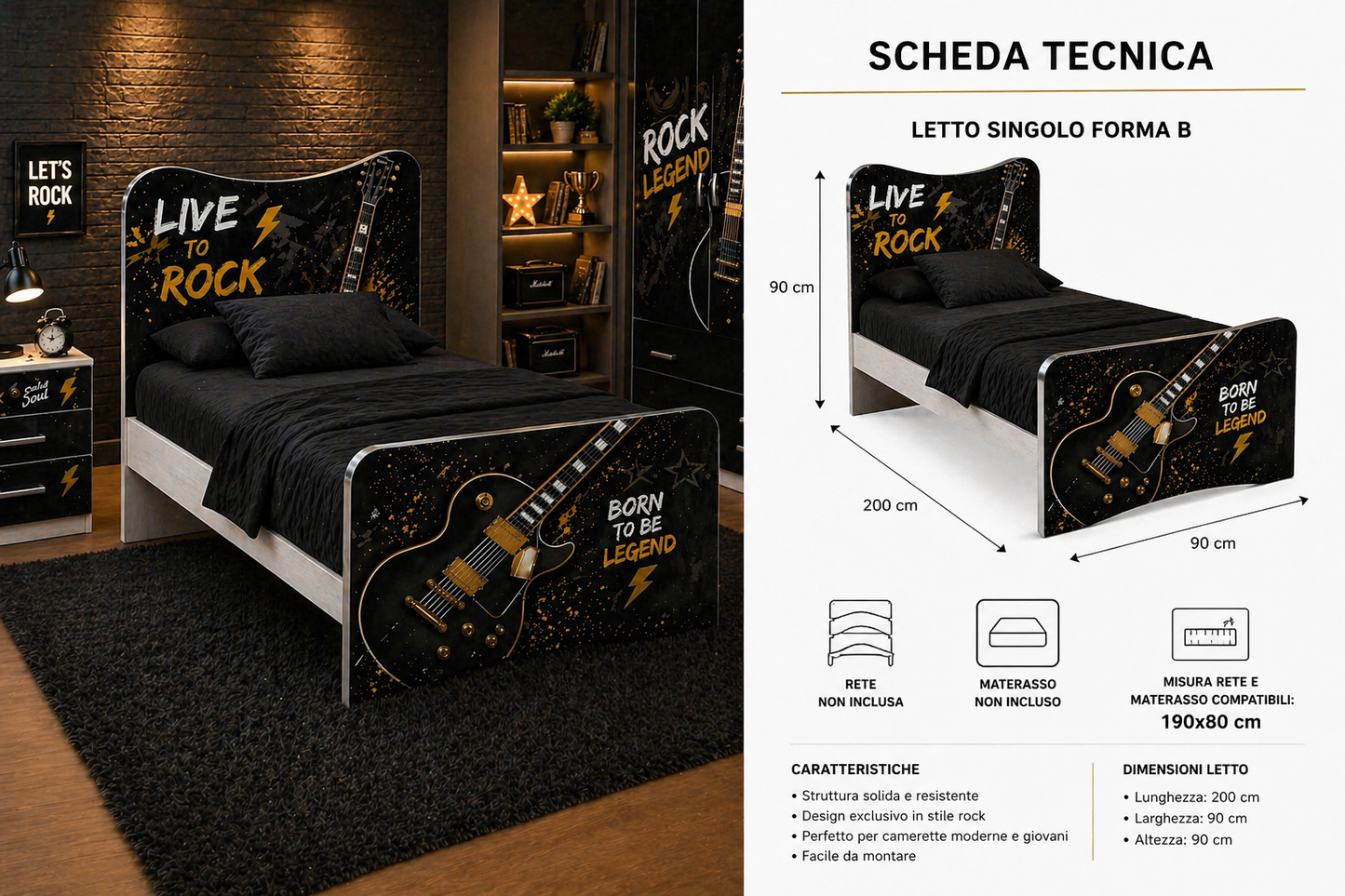 Rock Legend Guitar Bed – Letto Singolo Stile Rock Premium Nero Oro