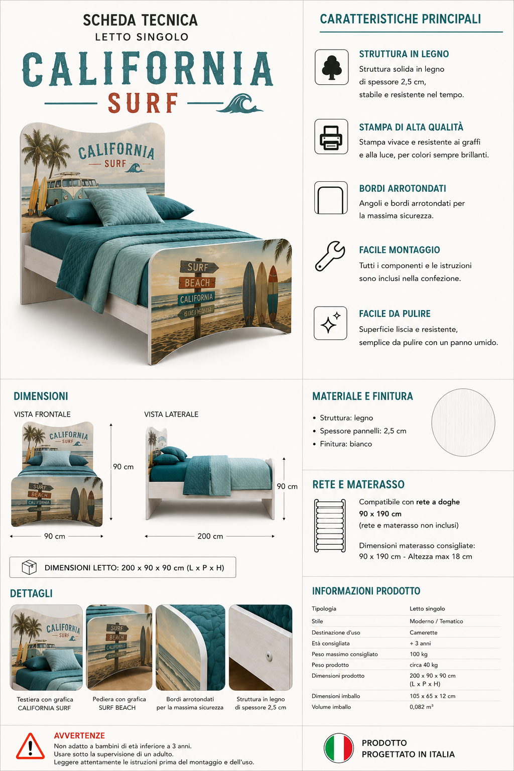 Letto Singolo California Surf – Letto Design Tema Mare e Spiaggia Stile Beach House