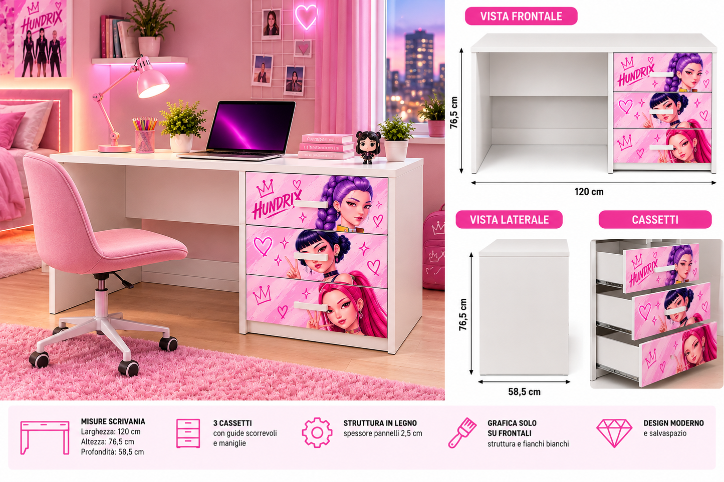 Scrivania Huntrix Rosa K-Pop con 3 Cassetti – Design Moderno per Cameretta