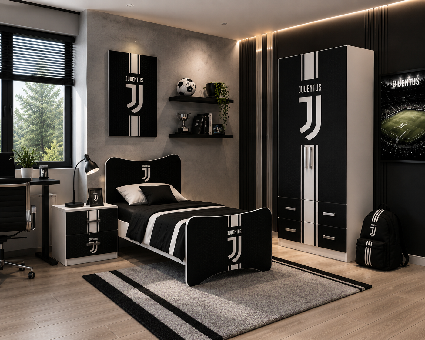 Cameretta Juventus Black Edition – Letto Singolo, Armadio e Comodino