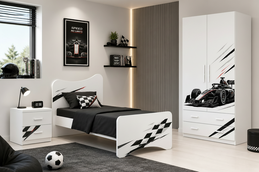 Cameretta Formula Racing 01 – Set Camera Bambino con Armadio, Letto e Comodino Design Formula 1 Moderno