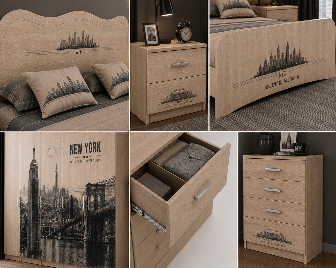 New York Urban Loft – Camera Matrimoniale Completa 6 Ante in Olmo con Letto Skyline NYC