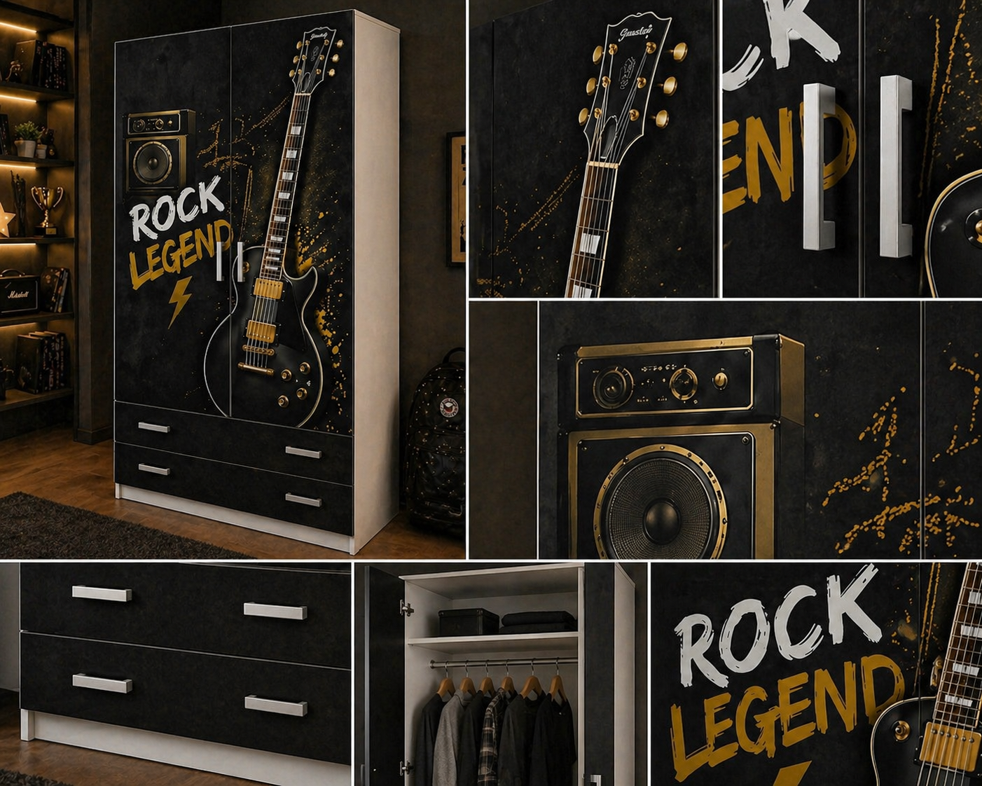 Armadio Rock Legend – Armadio 2 Ante con Cassetti Design Chitarra Rock Black Gold per Cameretta Ragazzo