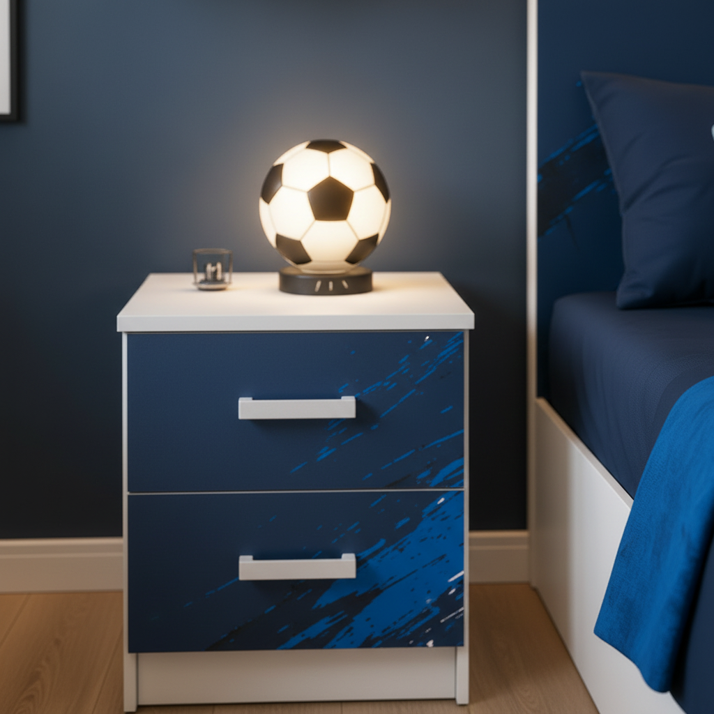 Cameretta Calcio Goal Blue – Letto Calcio Moderno con Armadio e Comodino Grafica Sport Blu Premium