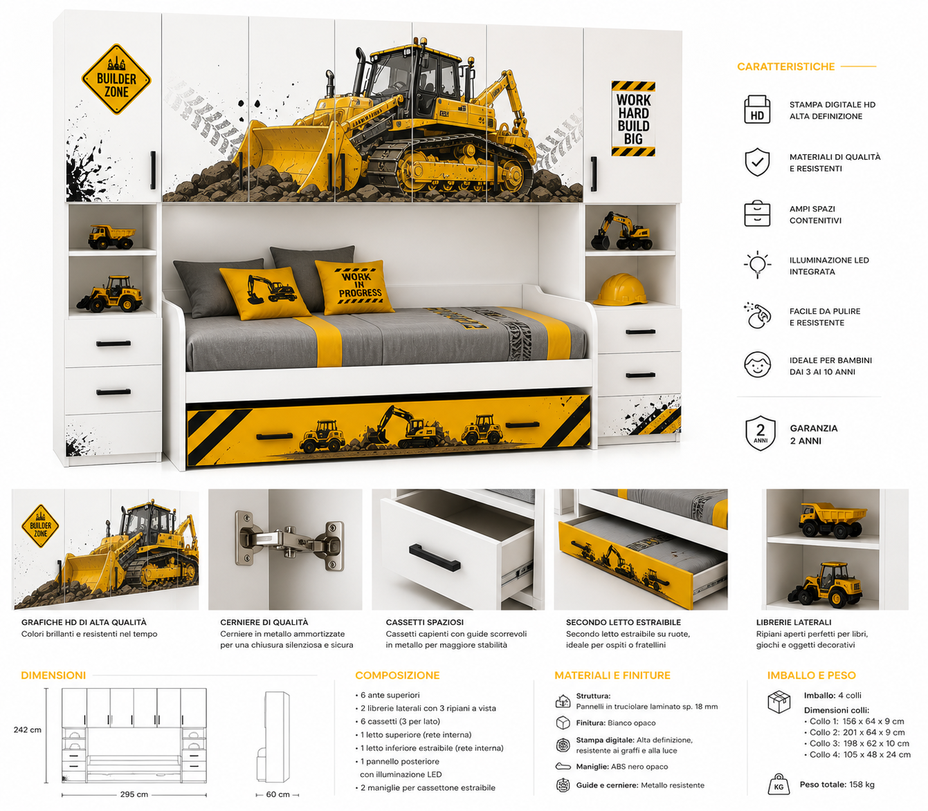 Construction Builder Room – Cameretta a Ponte con Letto Estraibile Tema Ruspe & Cantiere Premium
