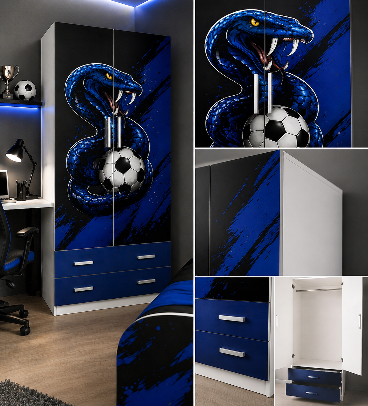 Armadio Nerazzurro Power Style – Design Ispirato al Calcio Milanese 2 Ante 2 Cassetti