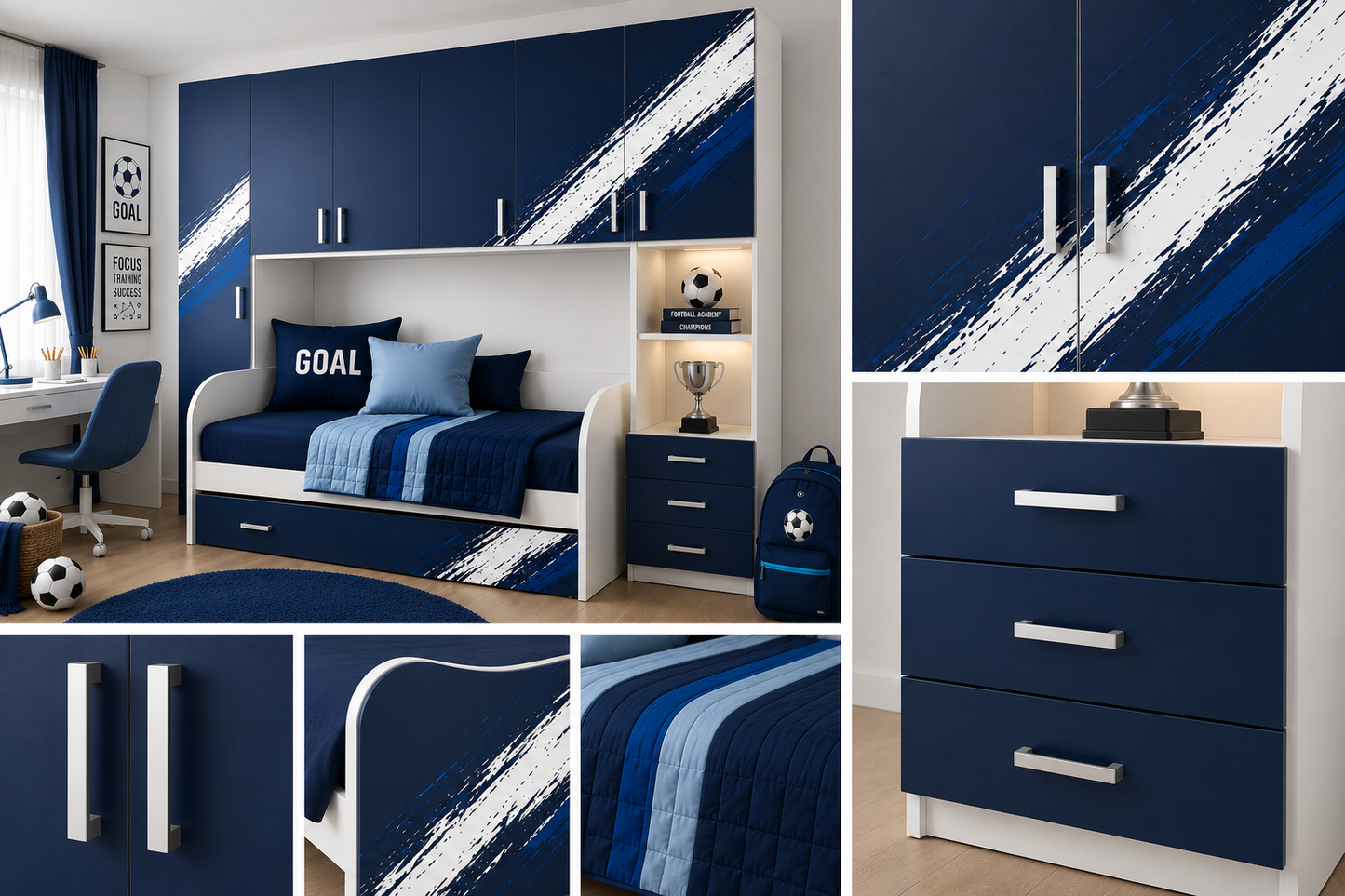 Cameretta a Ponte Calcio Goal Blue – Cameretta Calcio Moderna Blu Navy con Letto Estraibile e Grafica Sport Premium