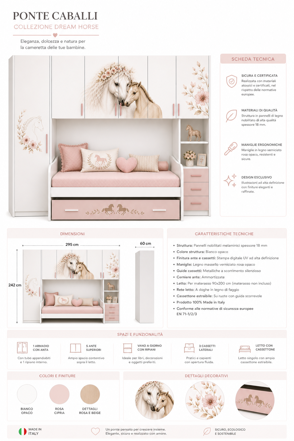 Dream Horse Luxury Room – Cameretta a Ponte Elegance con Letto Estraibile per Bambine