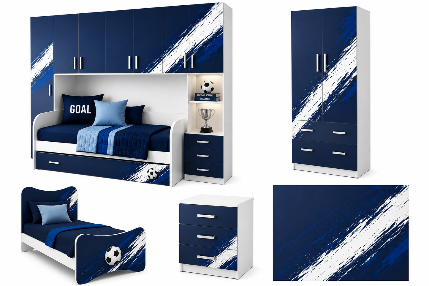 Cameretta a Ponte Calcio Goal Blue – Cameretta Calcio Moderna Blu Navy con Letto Estraibile e Grafica Sport Premium