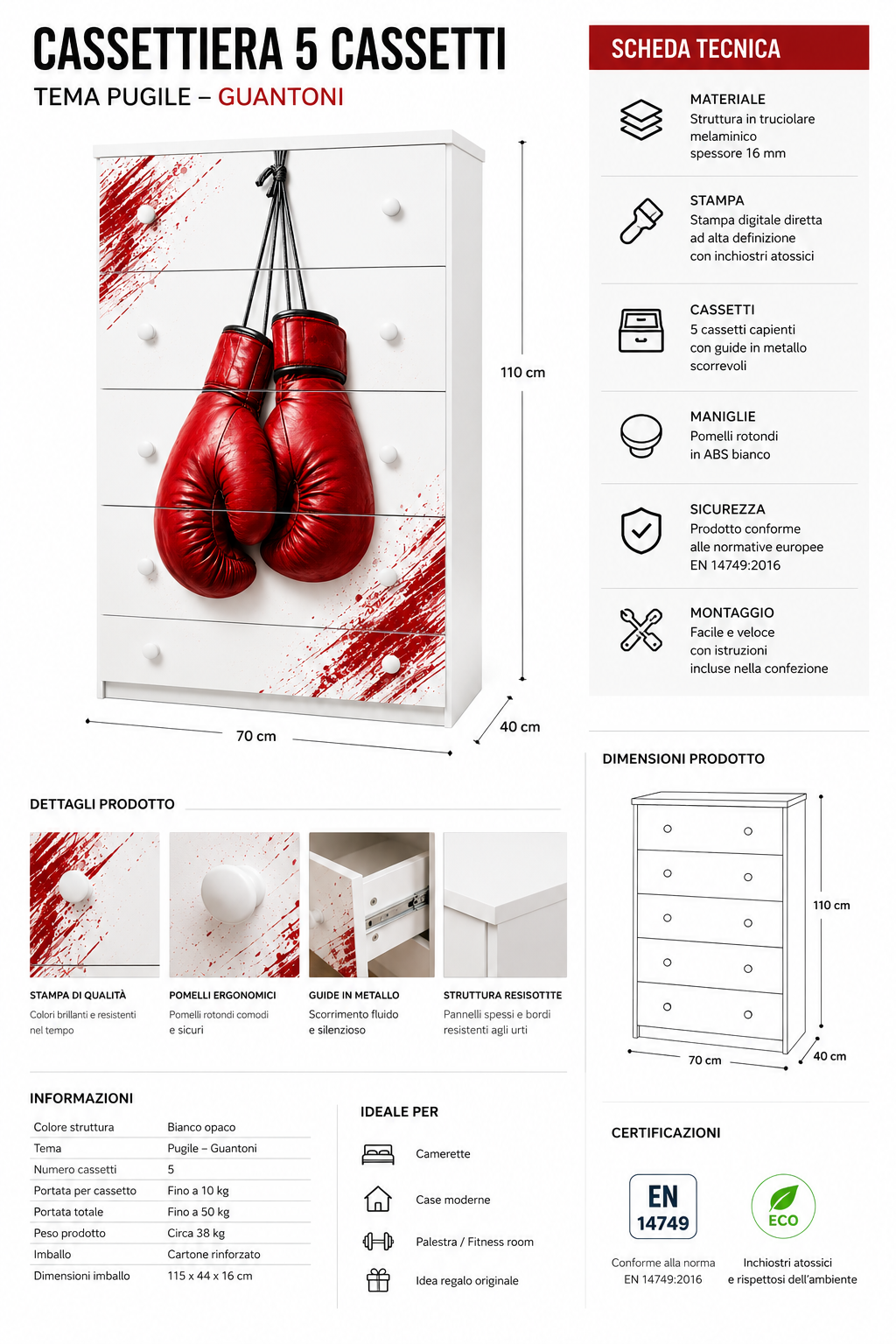 Cassettiera Boxing Power Red – Mobile Cameretta Tema Pugilato Moderno con Guantoni Rossi