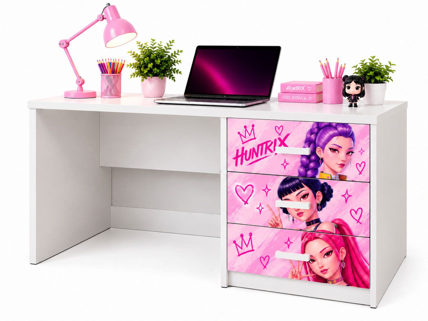 Scrivania Huntrix Rosa K-Pop con 3 Cassetti – Design Moderno per Cameretta