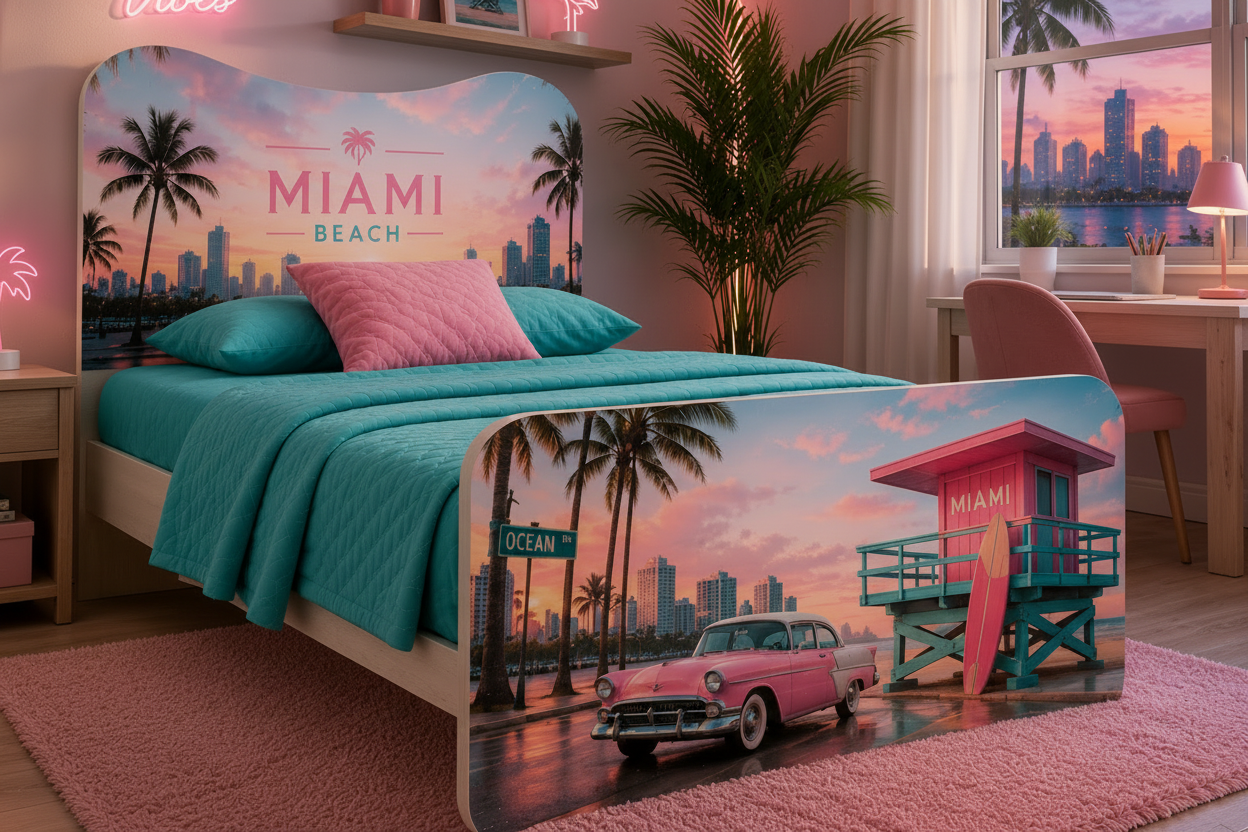 Letto Singolo Miami Beach – Letto Design Tropical Glam Rosa e Turchese Stile Ocean Drive