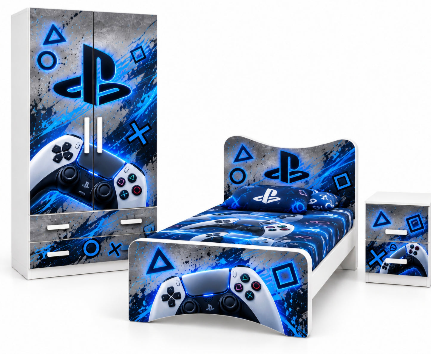 Cameretta PlayStation Gaming – Armadio 2 Ante, Letto Singolo e Comodino | Grigio & Blu