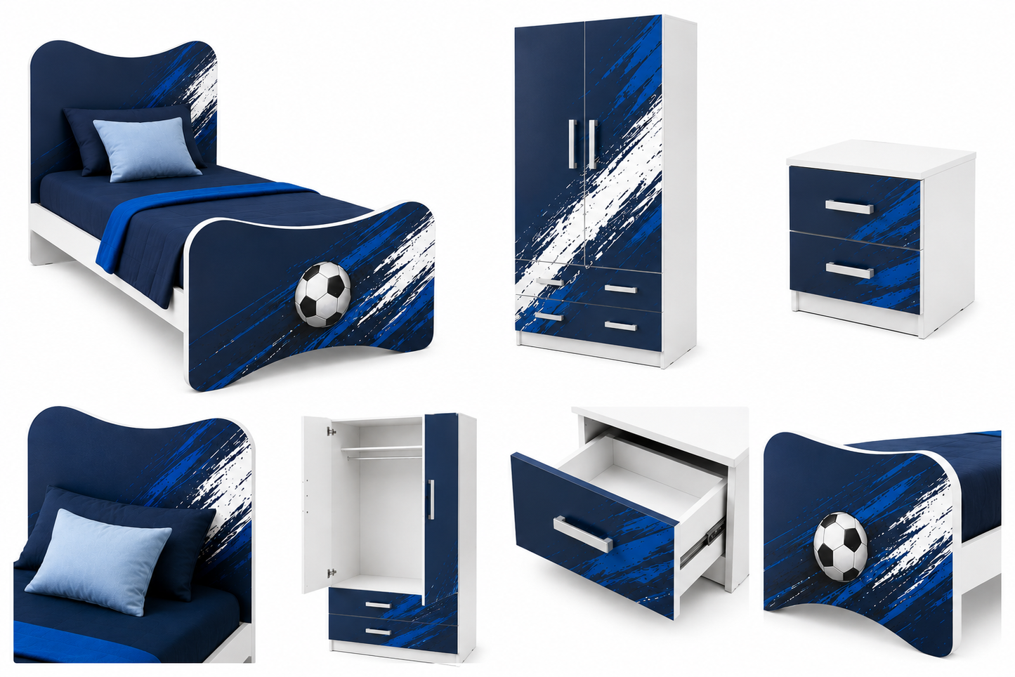 Cameretta Calcio Goal Blue – Letto Calcio Moderno con Armadio e Comodino Grafica Sport Blu Premium